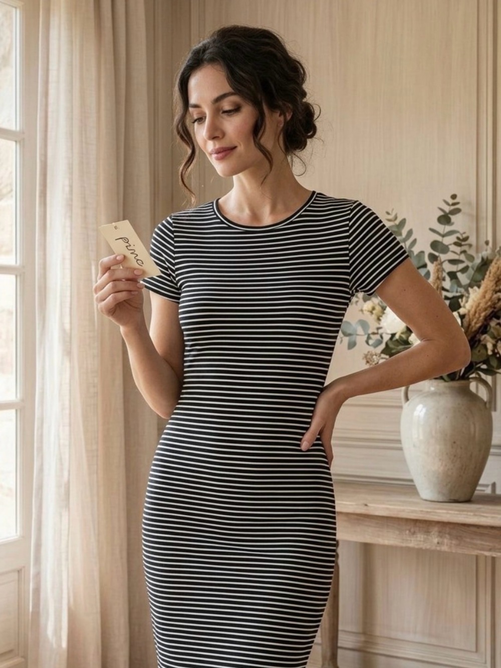 Classic Black & White Striped Short-Sleeve Bodycon Dress size M